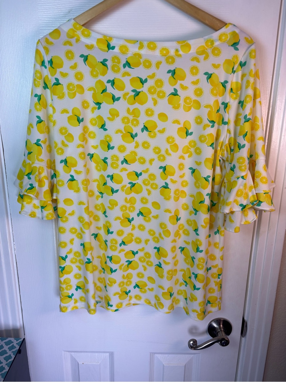 Kensie Yellow Lemon-Pattern Ruffle Sleeve Blouse - Picture 5 of 11